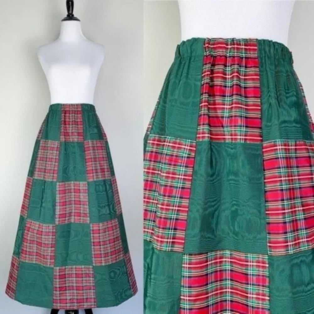 Vintage 70s Green & Red Plaid Satin Patchwork Maxi A-Line Skirt by Mr. Hank - Picture 1 of 8